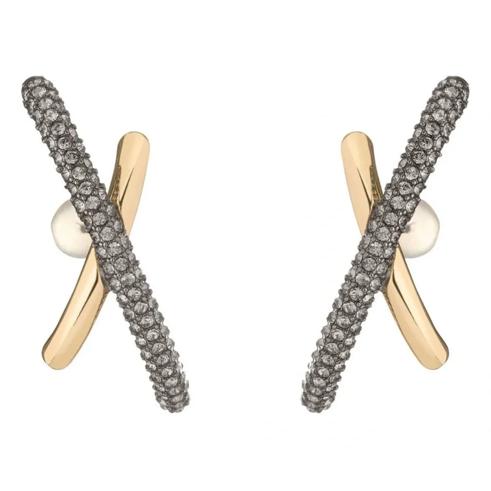 Demarson Marnie Crystal Pavé X Hoop Earrings 14k Gold Plated